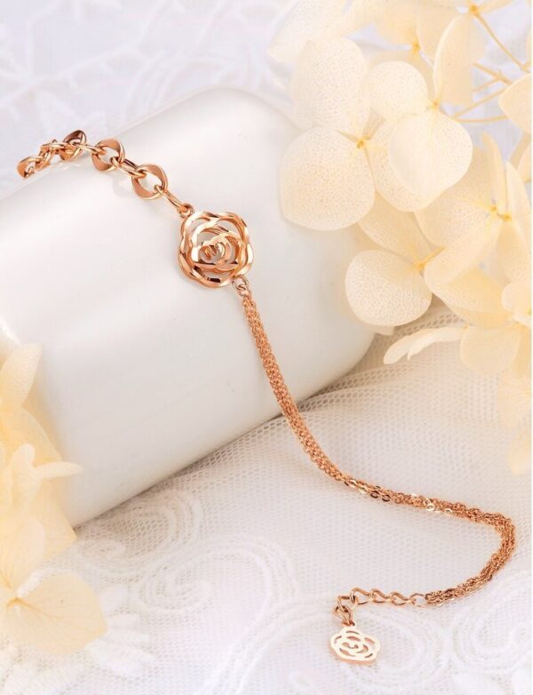 18K Estrose Bracelet – Hollow Double Chain Rose Design - Image 4